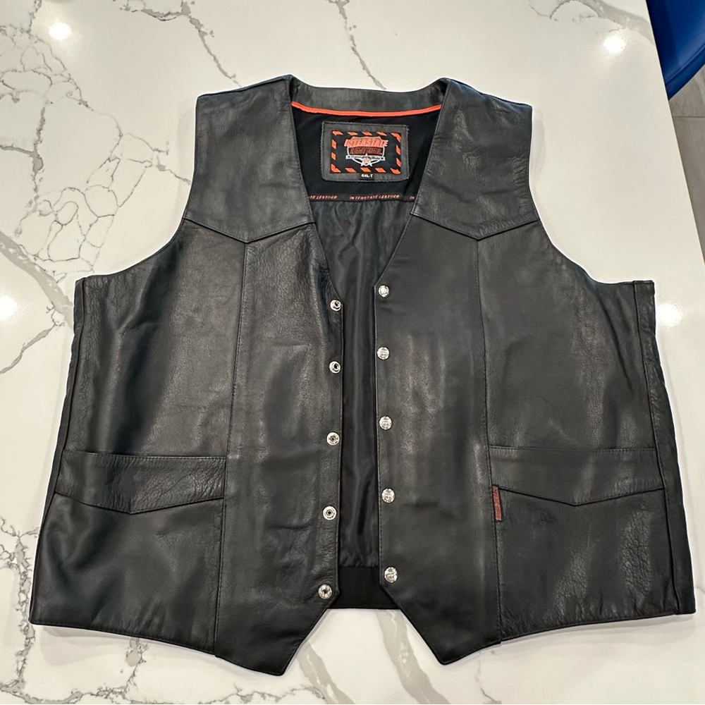 Interstate Black Leather Motorcycle Biker Riding Vintage Mens Vest Size 4XL-T